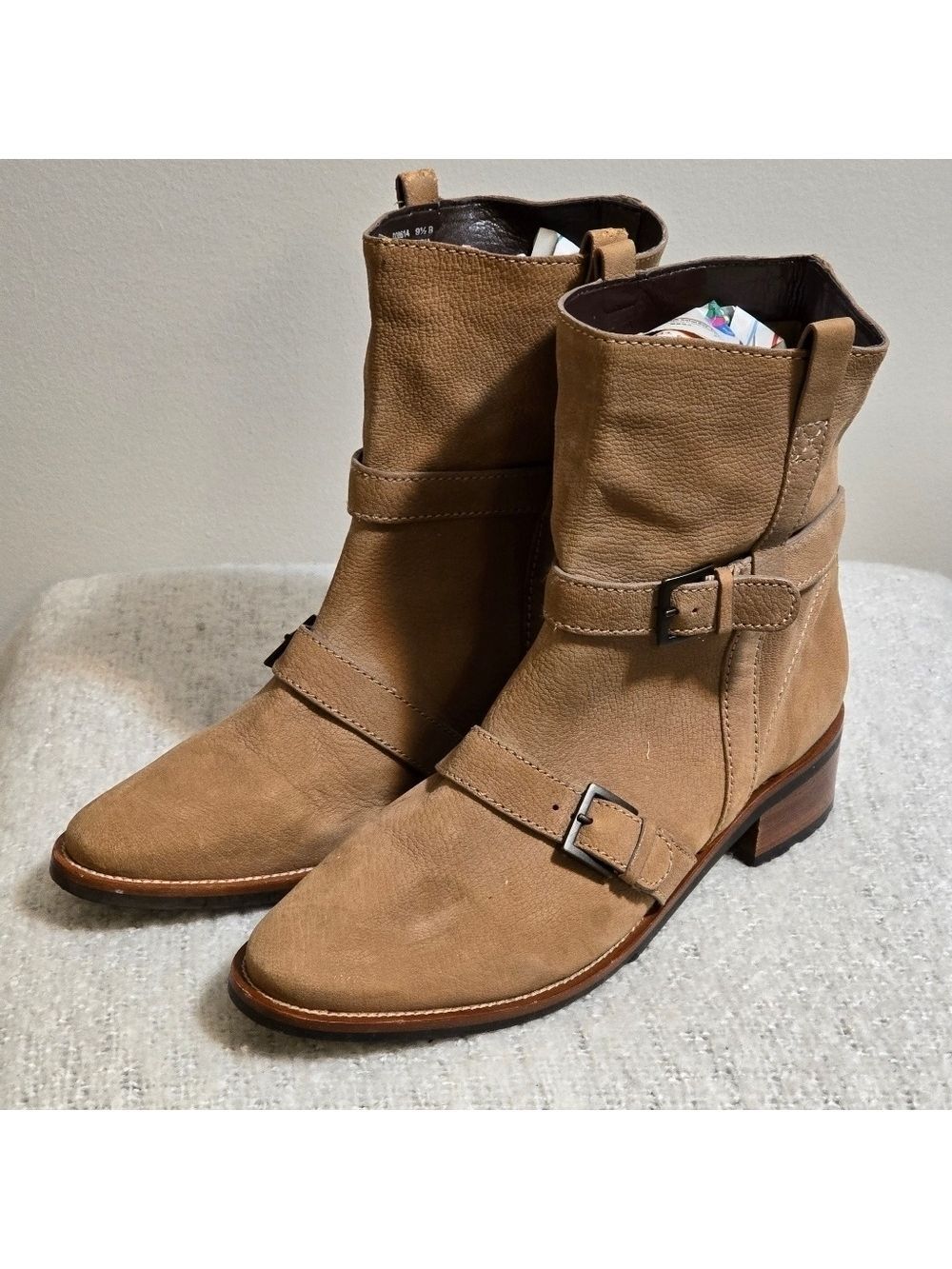 Cole haan moto suede leather ankle biker boots color tan size 9.5